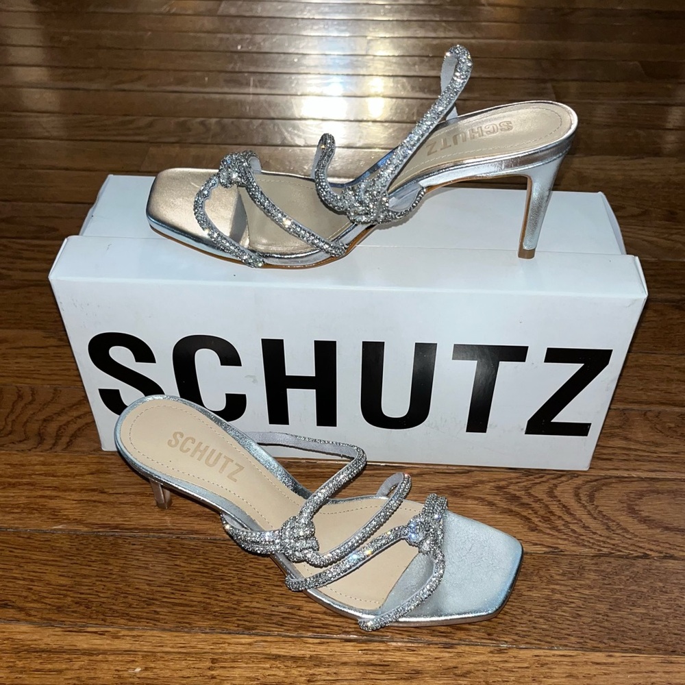 SCHUTZ Lauryn Slide Sandals Cristal Forro & Silver Women’s 5.5B Jewel Encrusted - Picture 2 of 16